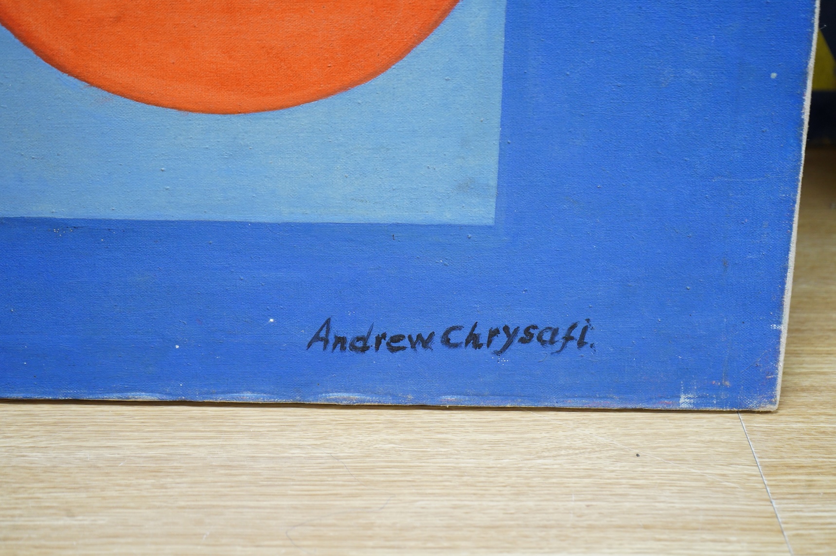 Andrew Chrysafi (b.1938), Untitled geometric abstract composition, signed, mid century oil on canvas, unframed, 114 x 61cm